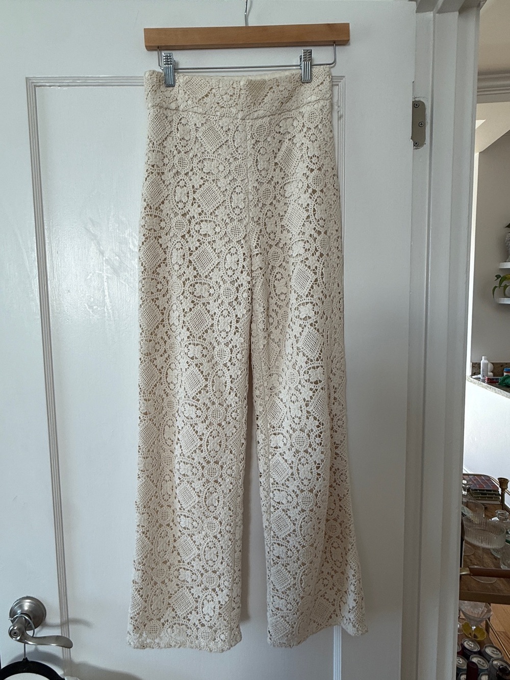 Sezane Cream Crochet Wide-Leg Pants